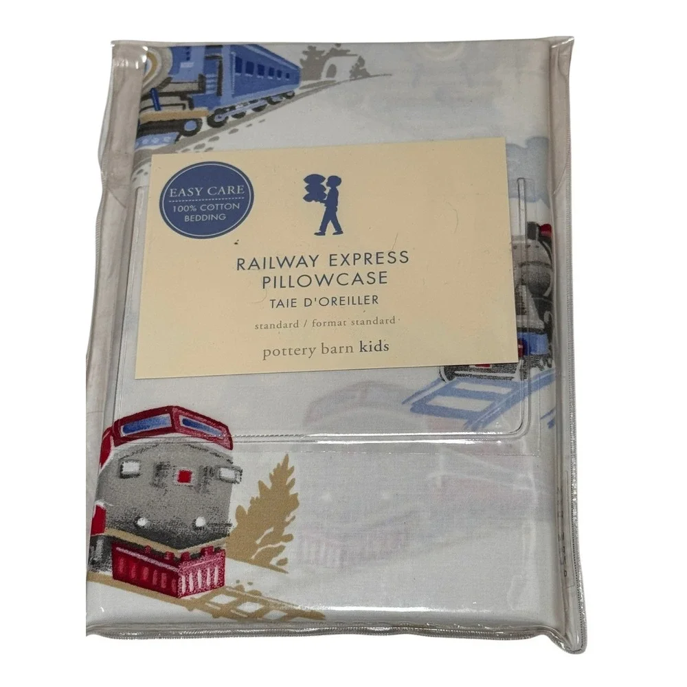 Pottery Barn Kids Railway Express Twin Sheet Set + Pillowcase NIP Cotton Trains
